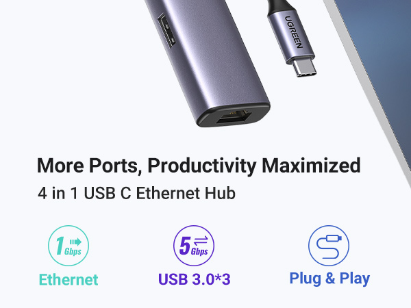 UGREEN USB C to Ethernet Adapter 4 in 1 Multiport Hub