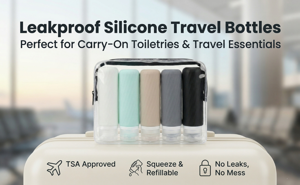 Leakproof silicone travel bottles in TSA-approved clear toiletry bag