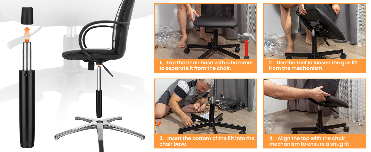 Office chair assembly instruction diagram showing multiple steps for installation, including base assembly and seat attachment procedures.