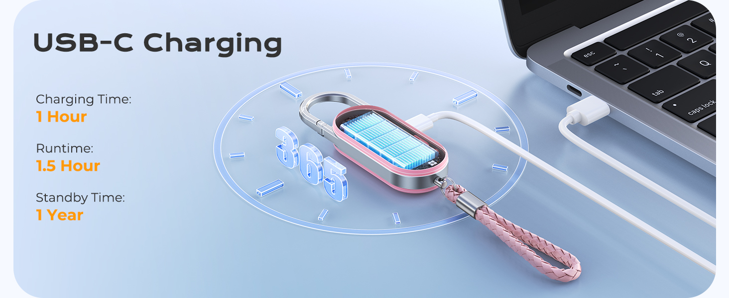 Text reads 'USB-C Charging' with charging specifications listed. Red and white USB-C charging cable with connector shown on laptop keyboard.