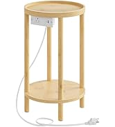 HOOBRO Small Round Side Table with Charging Station, 2-Tier Round Bamboo End Table, Compact Sofa ...