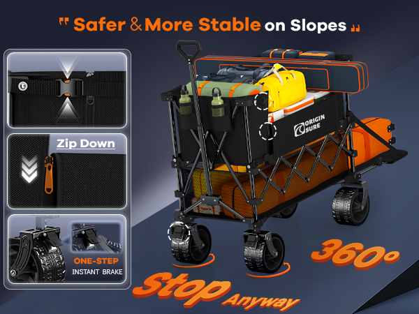 Two front wheels brake keeps the collapsible wagon safe and stable on the slope