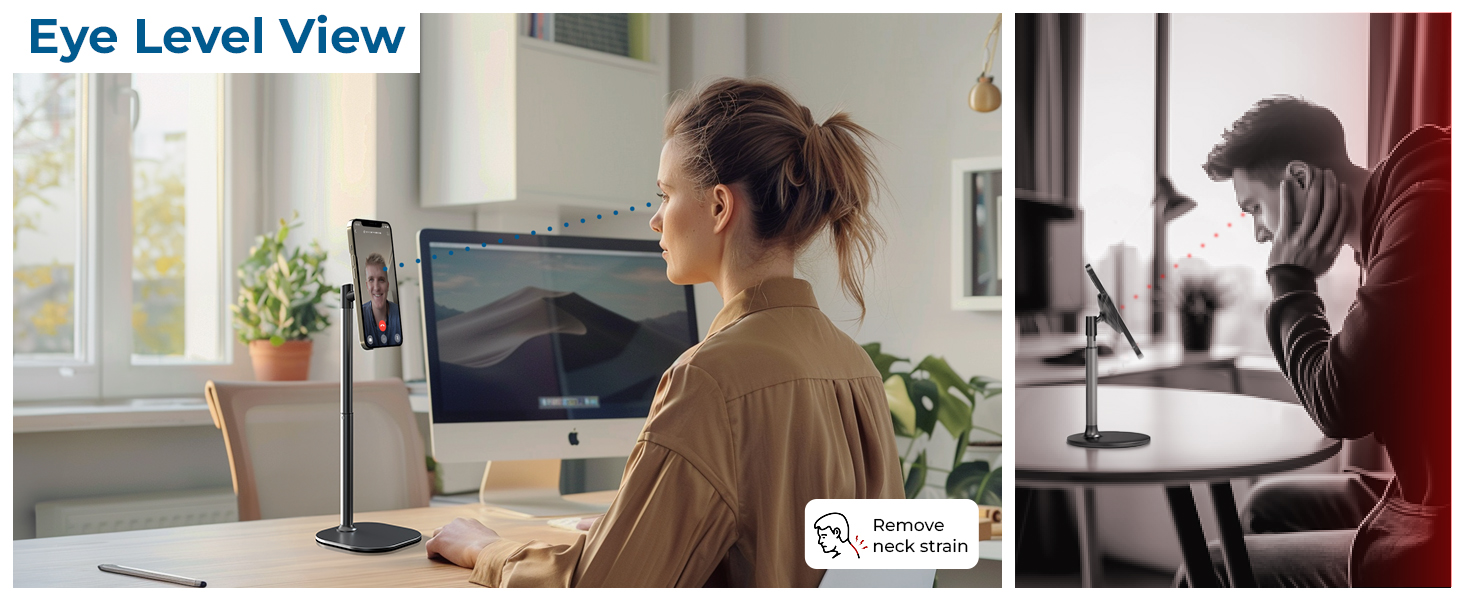 Desk setup showing a computer workstation with phone holder at eye level for video conferencing, featuring natural window lighting and plant decor.