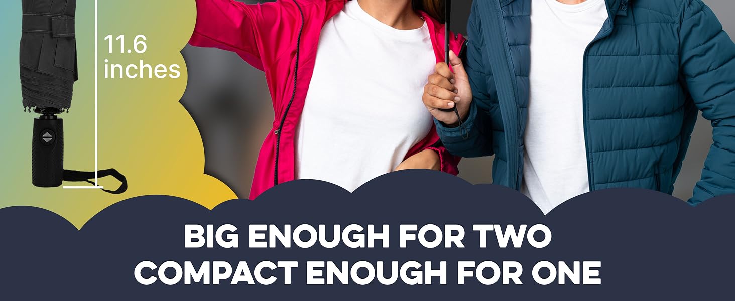 Text reads 'BIG ENOUGH FOR TWO COMPACT ENOUGH FOR ONE' and '11.6 inches'. Multiple images showing people demonstrating use of an item.