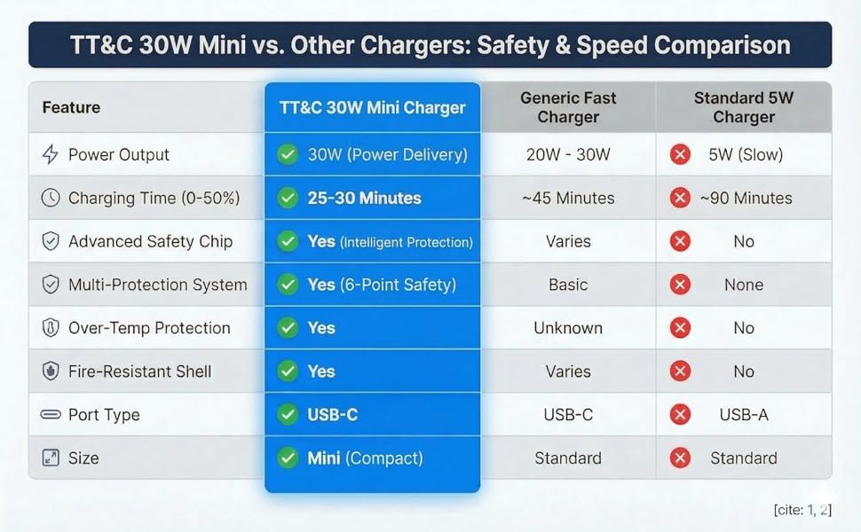 30W Mini Charger Comparison Chart Safety Speed Fire Resistant Fast Charging USB-C Compact