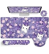 LIMKRIAN Purple Mouse Pad Large Desk Mat Set, Kawaii Cat Computer Mouse Pad with Wrist Rest Keybo...