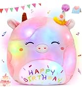 CozyWorld Light up Musical Happy Birthday Cow Plush Pillow,LED Stuffed Animals,Pink Cow Glowing S...