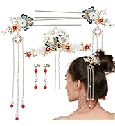 5 Pcs Butterfly Peony Tassels Hairpins Crystal Pearl Hanfu Hair Stick Classical Floral Bride Wedd...