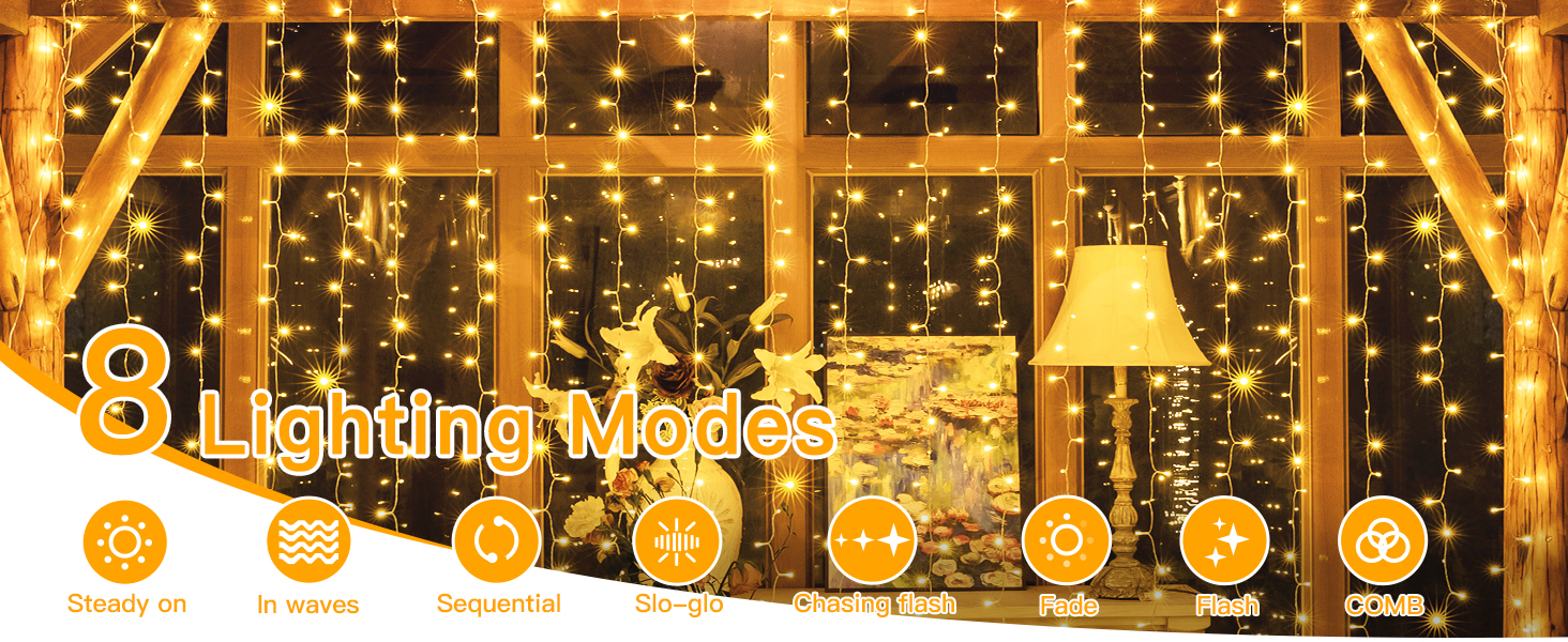 Warm LED curtain lights with 8 lighting modes, illuminating a window. Icons show various light patterns including steady on, twinkling, and waves.