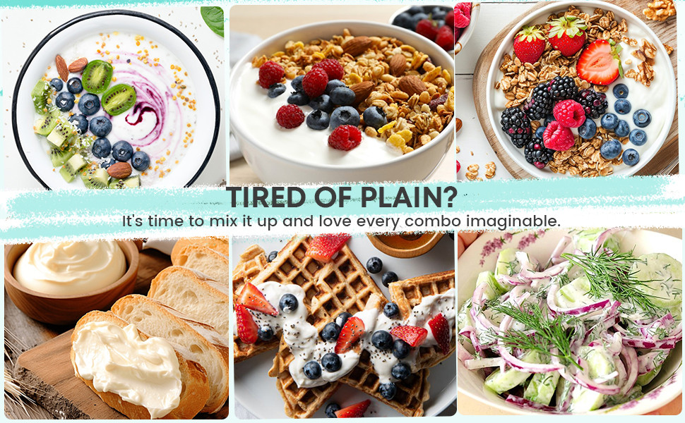 Get inspired: versatile ways to enjoy your yogurt with fruits, nuts, granola, bread, or salads.