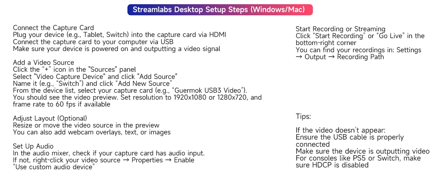 Setup instructions for Streamlabs Desktop on Windows/Mac, including steps to connect capture card, add video source, and configure audio settings. Text-heavy image with blue header.