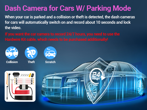Car dash camera advertisement showing parking mode features with blue digital car illustration and icons for collision, theft, and scratch detection.