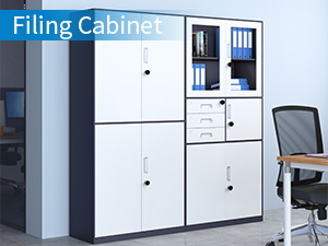 Lockable white and black filing cabinet for office document storage.