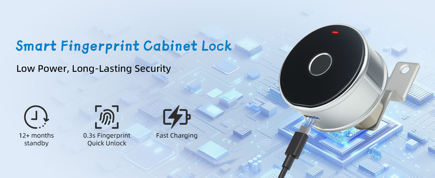 Smart fingerprint cabinet lock with 12+ months standby, 0.3s quick unlock, and fast charging,