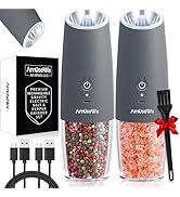 AmuseWit Gravity Electric Salt and Pepper Grinder Set [White Light] USB Rechargeable Automatic Pe...