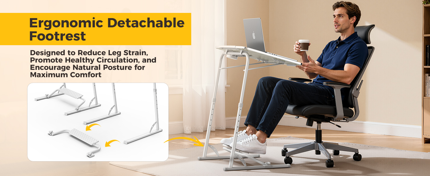 Man using foldable laptop table with detachable footrest as a portable recliner desk.