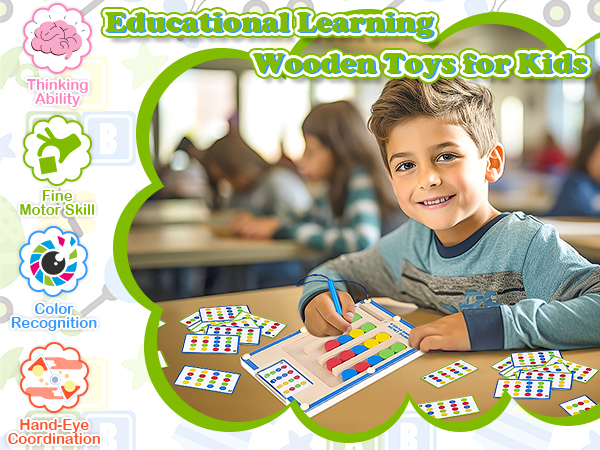 Educational wooden toy set with colorful pieces for kids, focusing on thinking ability, fine motor skills, color recognition, and hand-eye coordination. Child engaging with the toy on a table.