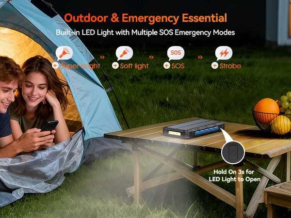 Solar charger Power Bank Built-in LED light with Multiple SOS Emergency Modes
