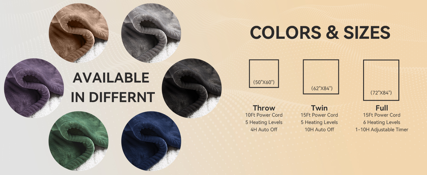 available in different colors and sizes, heating blanket