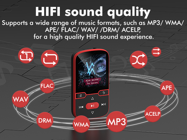 Text reads 'Supports a wide range of music formats: APE/ FLAC/ WAV/ OGG/ MP3/ AAC' with audio format icons connected by red lines on dark background.