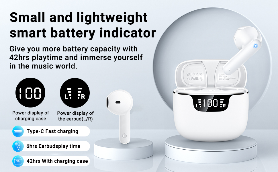 Text reads 'Small and lightweight smart battery indicator in the music world.' Product display showing white electronic device with circular display interface and charging indicators.