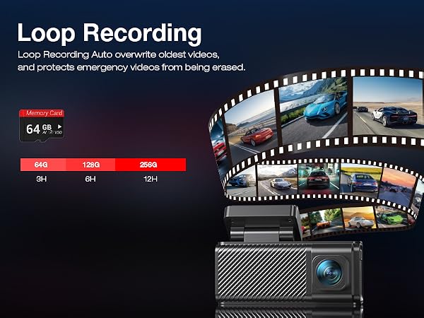 Text reads 'Loop Recording'. Marketing image showing dashboard camera interface with filmstrip-style timeline and multiple vehicle recording frames, featuring 64 GB storage indicator.