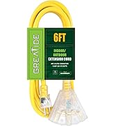 GREATIDE 6 Ft Lighted Outdoor Extension Cord with 3 Electrical Power Outlets - 12/3 SJTW Heavy Du...