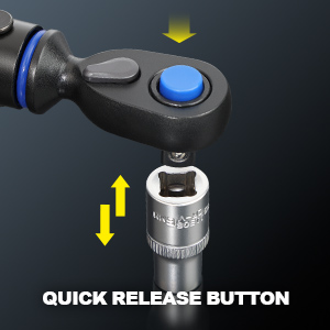 Text reads 'QUICK RELEASE BUTTON'. Product demonstration sequence showing a quick-release mechanism with blue indicator light and metal components.
