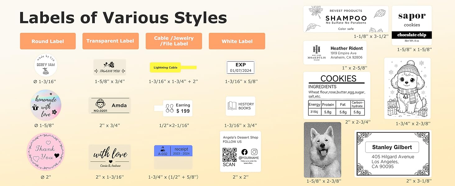 Labels of various styles including white, round, transparent, cable, jewelry and file labels