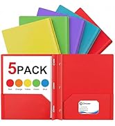 Plastic Pocket Folders with Prongs, Heavy Duty 2 Pocket Poly Folder Set, 5 Pack Bright Assorted C...