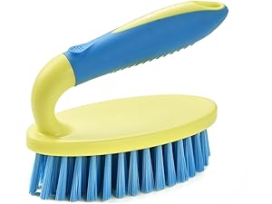 Cleaning brush with blue bristles and yellow handle shown from multiple angles, demonstrating its curved design and bristle pattern.