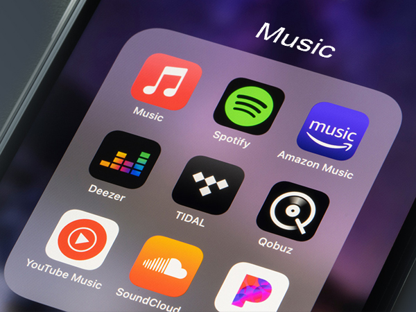 Phone screen displaying music app icons including Spotify, Music, SoundCloud, and other audio streaming service applications on dark background.