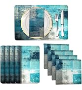 MCALK 4 Each Turquoise Placemats and Cloth Napkins set of 8, Modern Art Placemat, Abstract Art Pa...