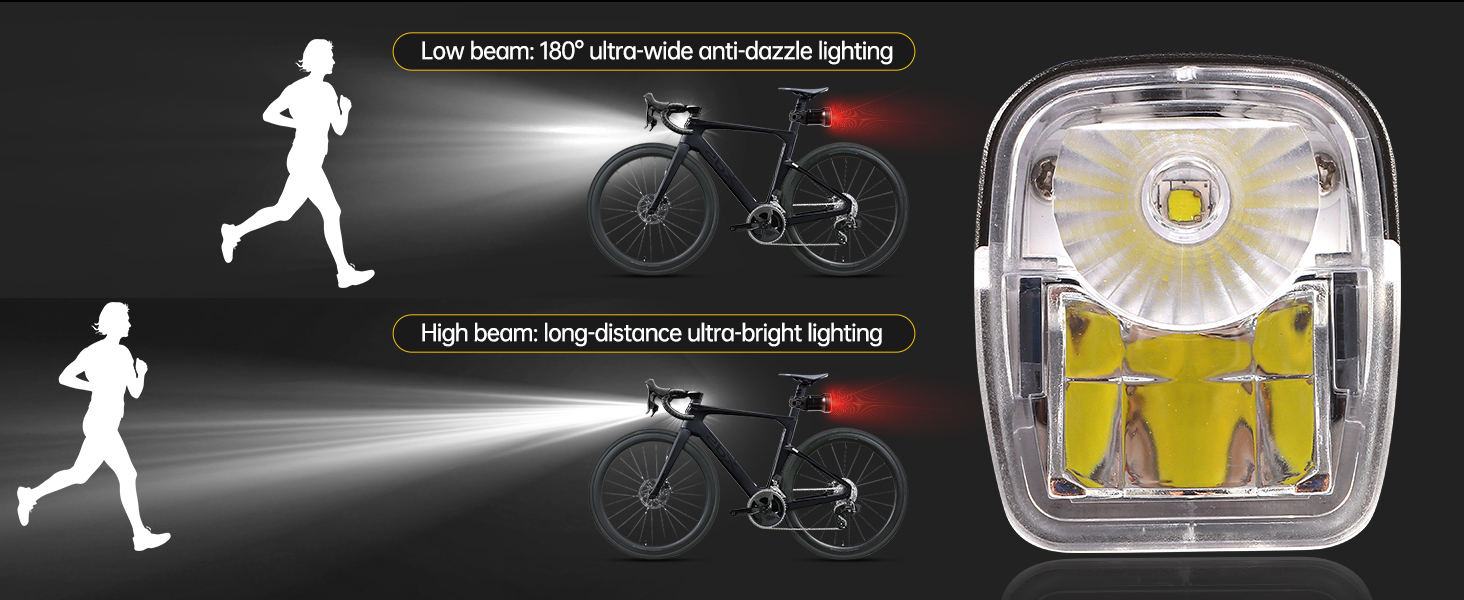 Bicycle safety light diagram showing high and low beam functions, with transparent housing displaying internal components.