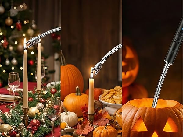 Rechargeable lighter safely lighting candles and pumpkin decor during holiday celebrations.
