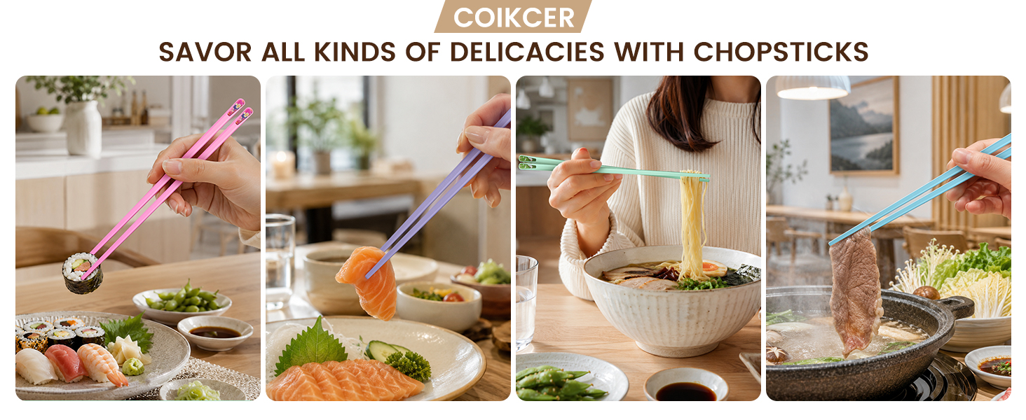 Coikcer colorful fiberglass chopsticks for sushi, ramen, hot pot, reusable daily dining utensils