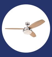 Brushed nickel 52-inch Alloy ceiling fan with light wood blades and an integrated LED light kit.