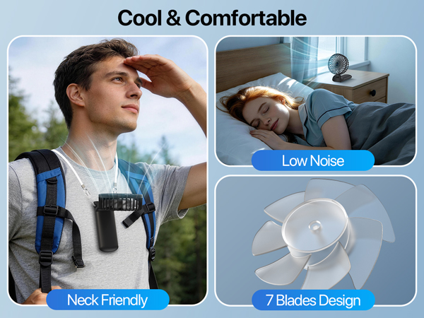 Text reads 'Cool &amp; Comfortable', 'Low Noise', 'Neck Friendly', and '7 Blades Design'. Promotional layout showing man wearing blue backpack outdoors and sleeping person, highlighting comfort and design features.