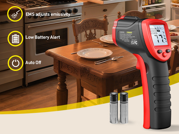 Text reads 'EMG adjusts sensitivity, Low Battery Alert, Auto Off'. Red and black infrared thermometer gun with digital display shown measuring surface temperature of wooden table.