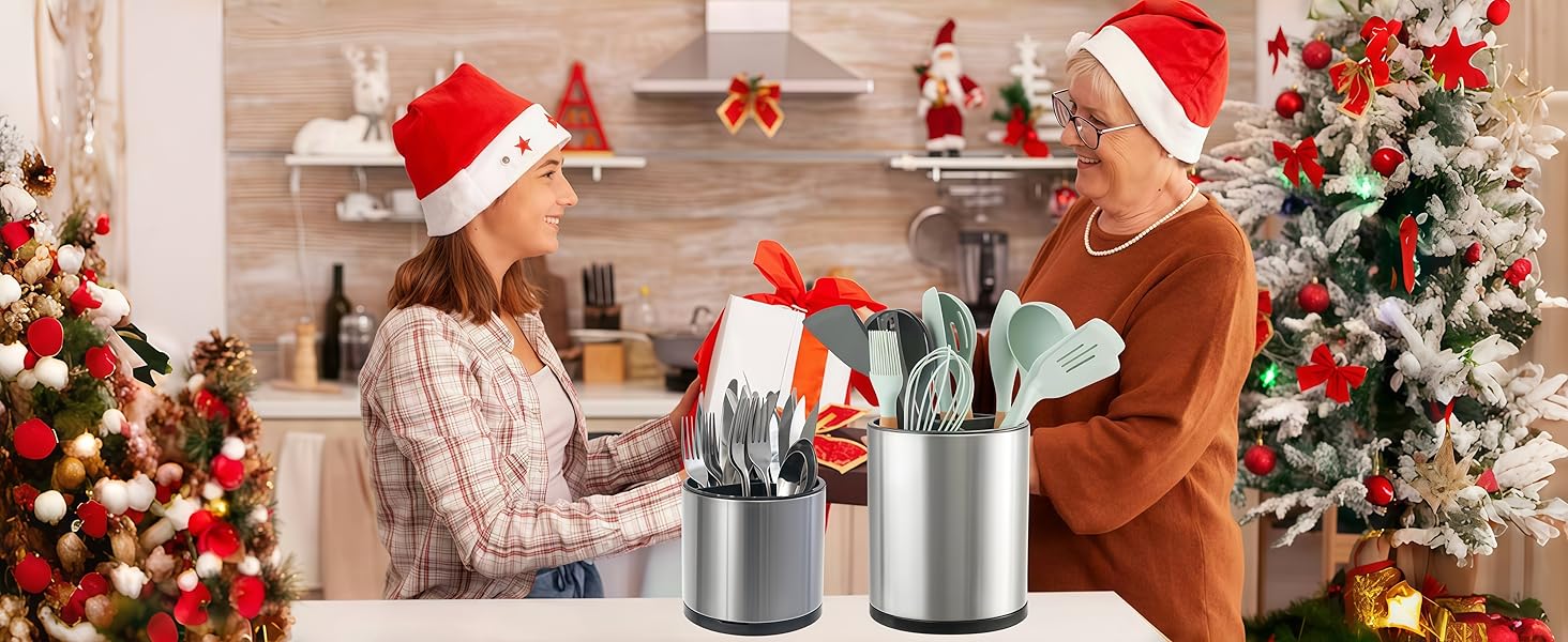 Kitchen Utensil Holder Extra Large 360°Rotating For Counter Stainless Cooking Silverware Caddy