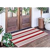 Red and White Striped Rug 24'' x 51''Outdoor Front Porch Rug Hand-Woven Machine Washable Indoor/O...