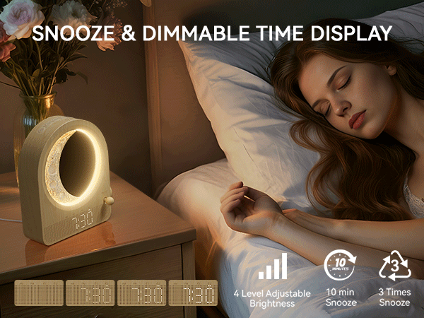 Alarm clock with circular LED display, showing dimmable time and snooze function. Features 4-level brightness adjustment, 10-minute snooze, and 3 snooze repetitions. Demonstrated in a bedroom setting.