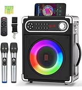 Karaoke Machine with 2 Wireless Microphones,Portable Bluetooth 5.1 Speaker for Adults Kids,Bass/T...