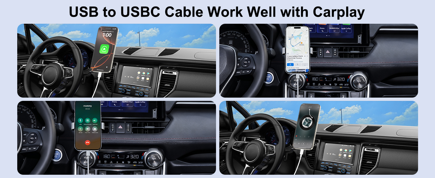 Text reads 'USB to USBC Cable Work Well with Carplay'. Multiple images showing cable connection in car entertainment systems and displays.