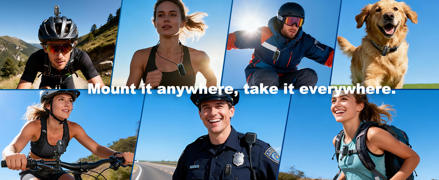 Text reads 'Mount it anywhere, take it everywhere.' Composite image showing cycling accessories in use across various outdoor settings with cyclists and dogs enjoying activities.