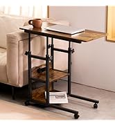 C Shaped End Table Height Adjustable - Couch Side Table with Charging Station, TV Tray with Wheel...