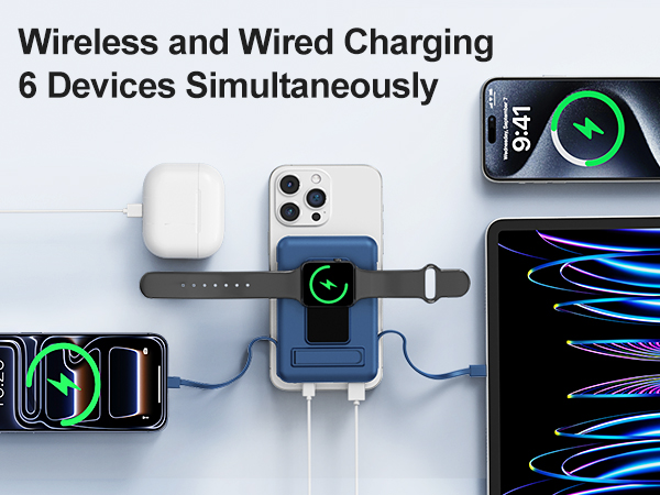Text reads 'Wireless and Wired Charging' and '6 Devices Simultaneously'. Shows multiple devices being charged with glowing blue charging indicators and cables.