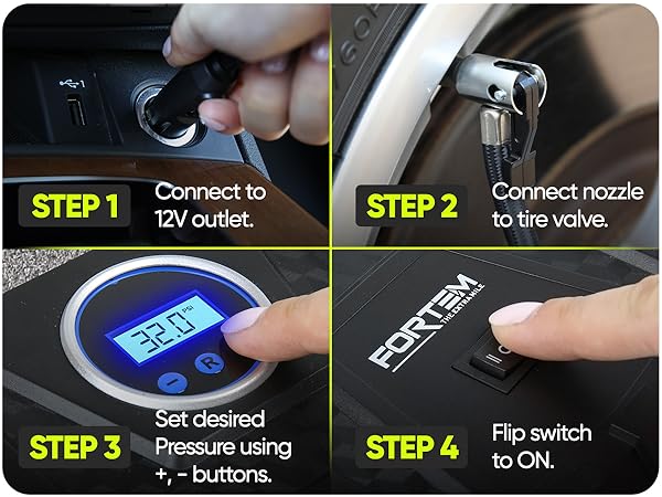 Instructions for use of tire inflator. turn on car, set psi, attach to tire valve and press on