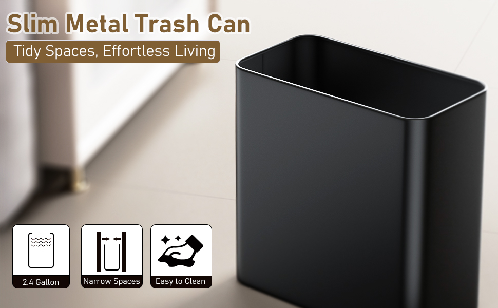 Slim Metal Trash Can for Bathroom bedroom 2.4 Gallon Wastebasket