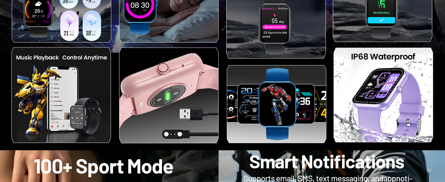 Text reads '100+ Sport Mode' and 'Smart Notifications' and 'IP68 Waterproof'. Composite smartwatch marketing image showing multiple product views featuring a pink/rose-colored smartwatch with various sport modes, notification features, and waterproof capabilities displayed across panels.